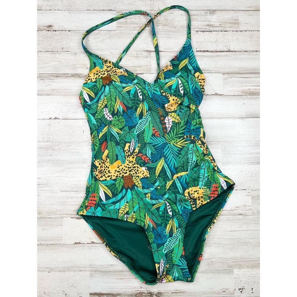 Palms Away Womens XS Tropical Animal Print Crisscross One Piece Swimsuit